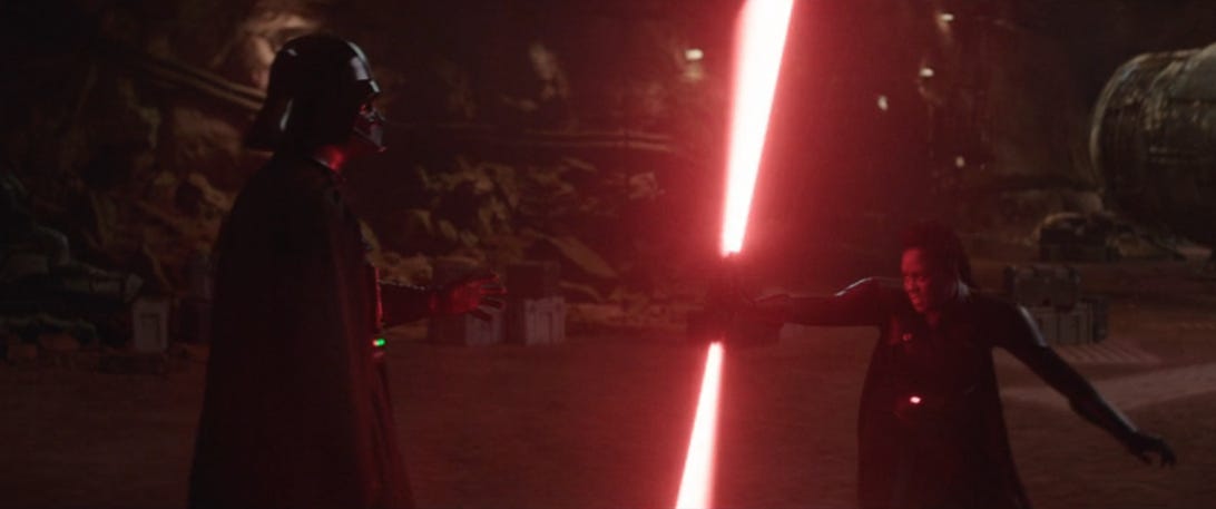Darth Vader faces Reva's spinning red lightsaber blade in Obi-Wan Kenobi