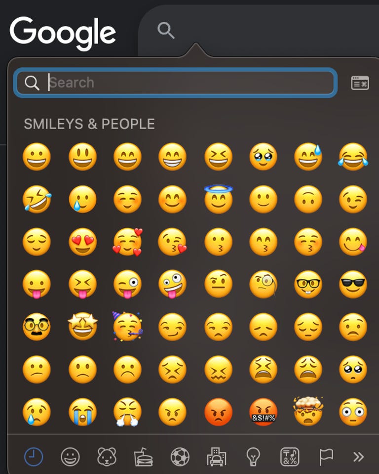 The emoji menu under the Google search bar