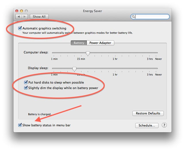 Energy Saver system preferences in OS X Mavericks