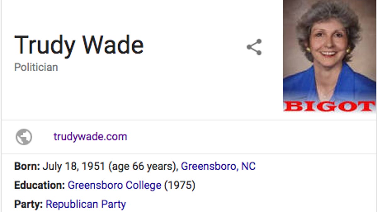 A Google search for "Trudy Wade" shows an image with "BIGOT" written on it.