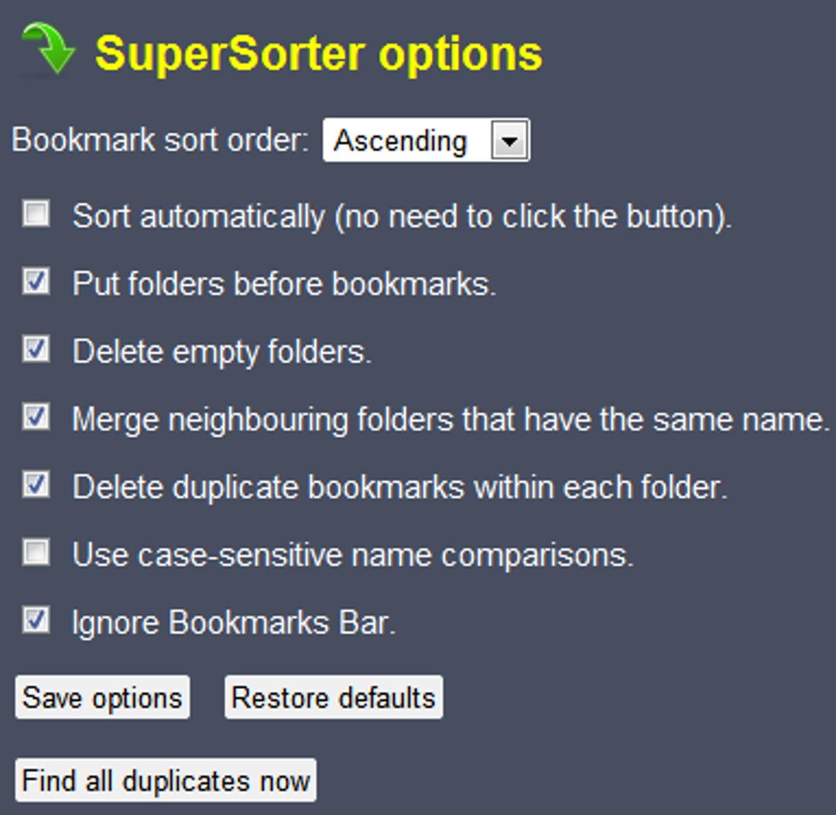 SuperSorter options list