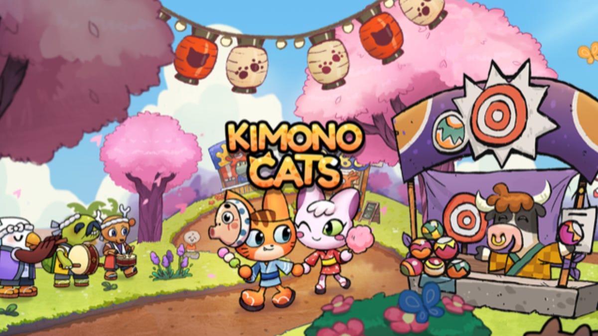 Kimono Cats title card showing two cats holding hands while walking through a festival