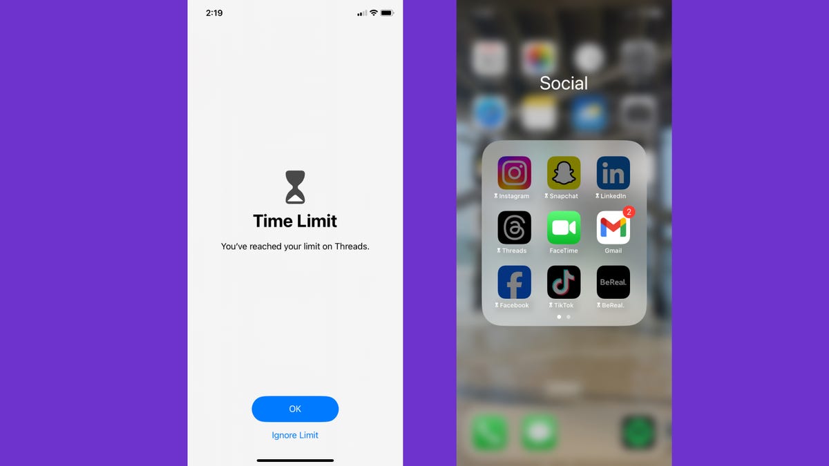 two iPhone screenshots showing your app's time limit has been reached on a purple background