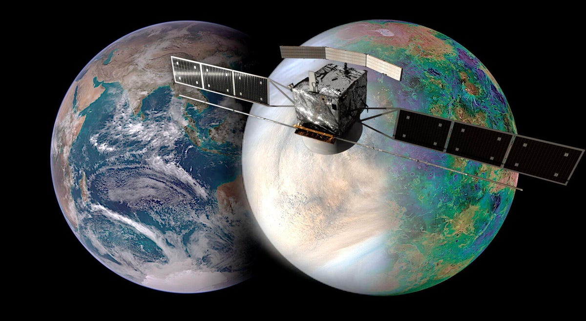 The EnVision spacecraft is seen in front of the Earth and Venus, which overlap one another like Venn diagram circles.