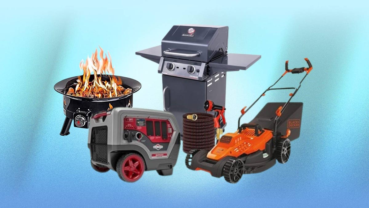 A fire pit, generator, grill, hose and lawnmower are displayed against a blue background.