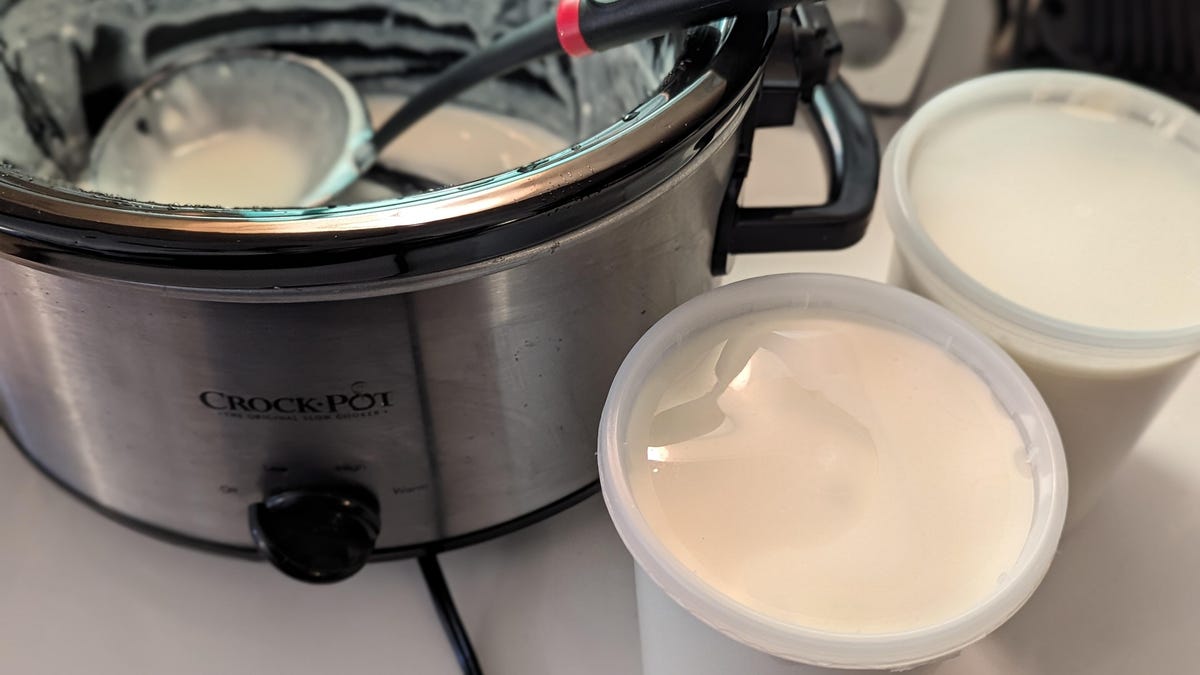 yogurt in crock pot and plastic containers