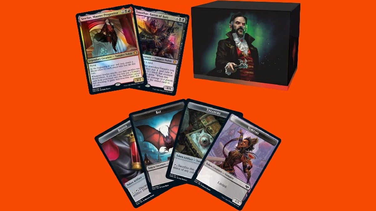 Magic: The Gathering cards and box on a red background
