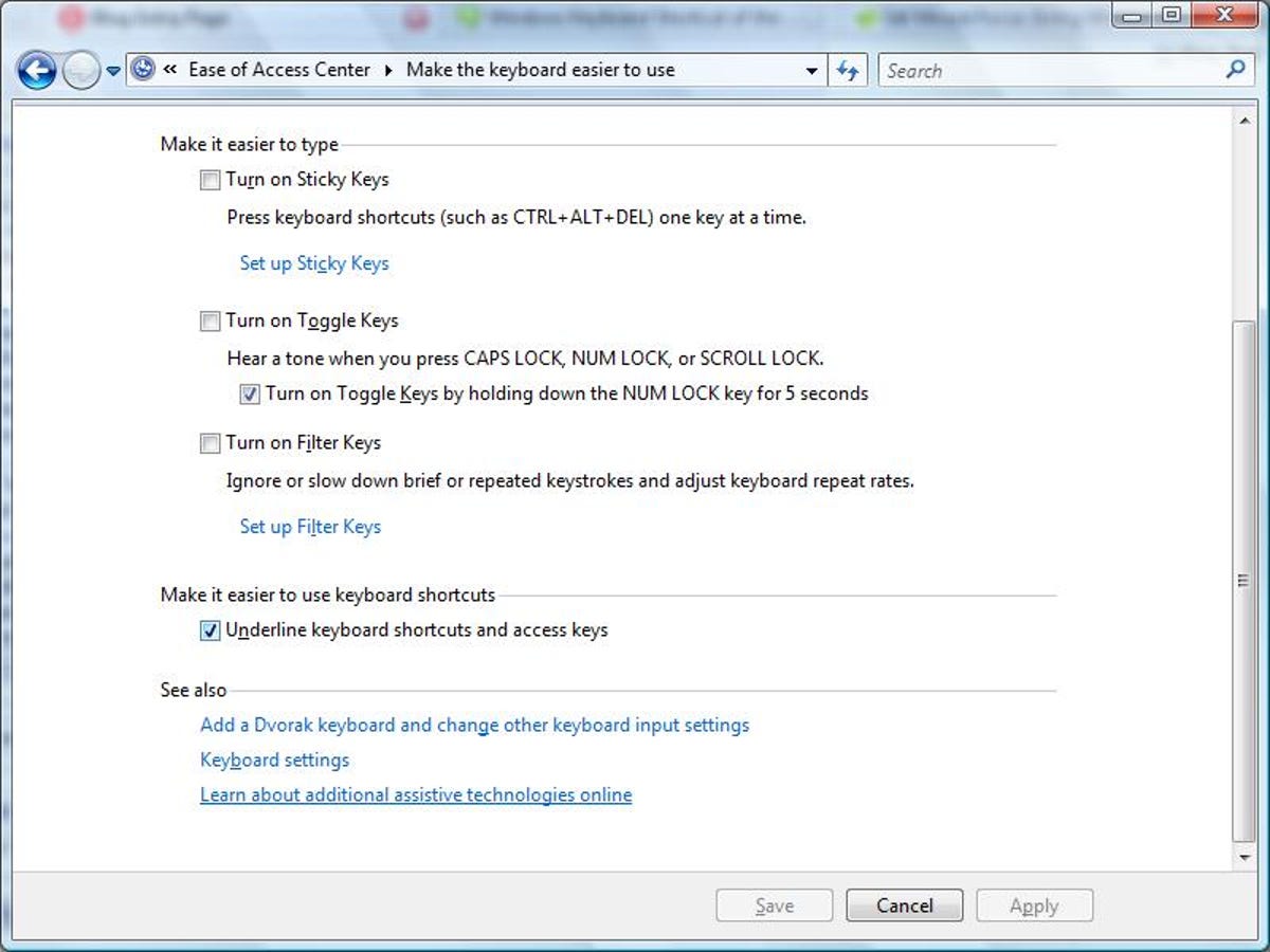 Windows Vista Ease of Access Center dialog box