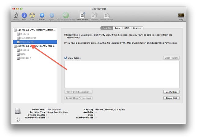 Recovery HD partition in Disk Utility