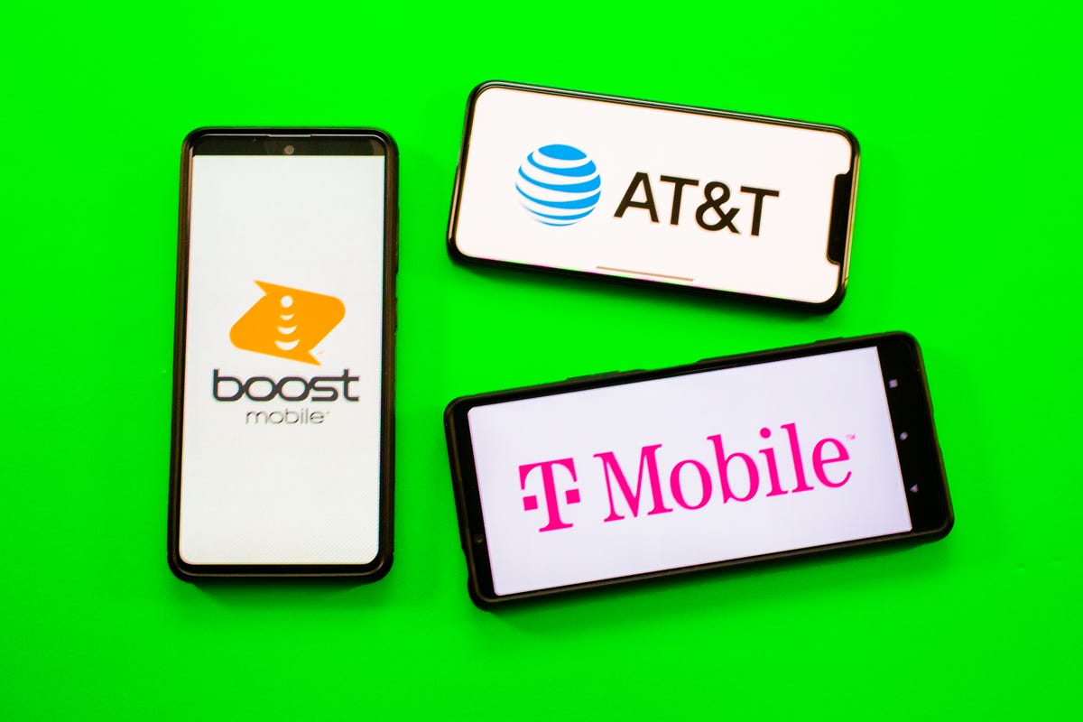 Boost Mobile, AT&T and T-Mobile logos on phone screens
