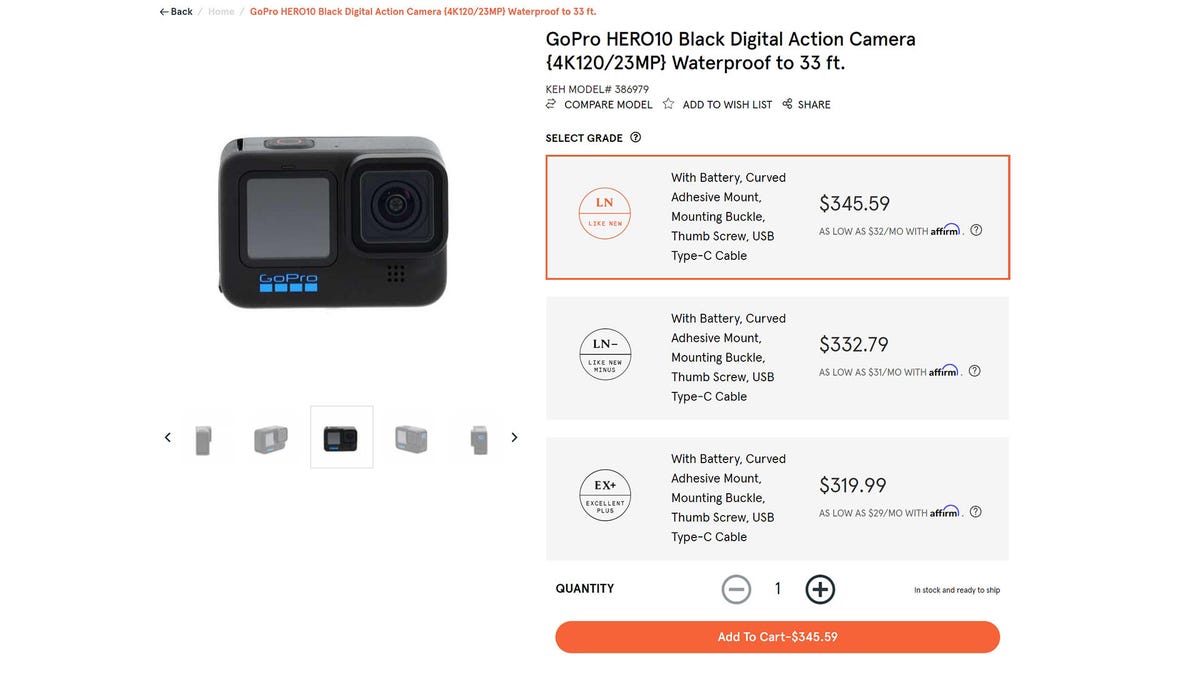 A screenshot of the KEH website featuring a used GoPro Hero 10 for $345.59.