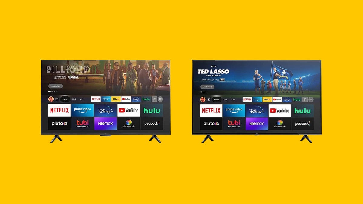 Amazon Fire Omni and 4-Series TV sets are set against a yellow background.