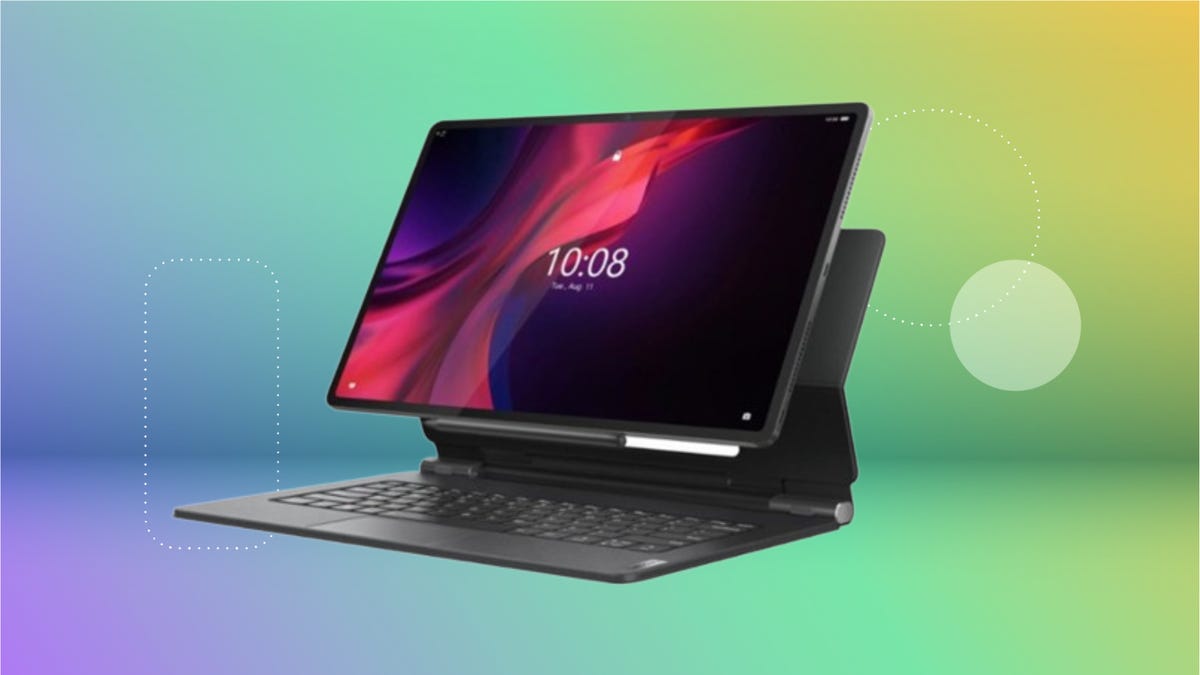 Lenovo Tab Extreme, 14-inch with OLED display with red/black screen saver against purple, green, and yellow gradient