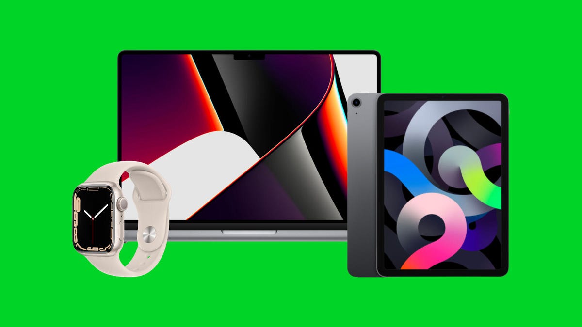 Collage of products featuring Apple Watch Series 7, MacBook Pro, and iPad Air