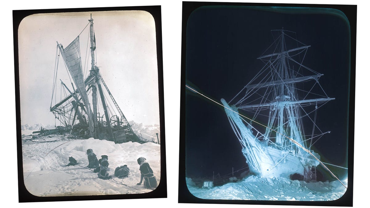 On the left, an image of the Endurance crushed by ice, with sled dogs in the foreground. On the right, a spectral image of the Endurance taken during the dark of winter.