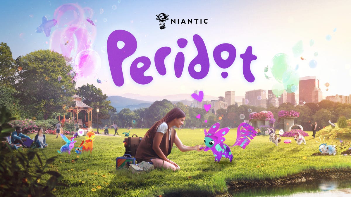 a woman kneels in a park, playing with a cartoon creature, with the word Peridot in purple