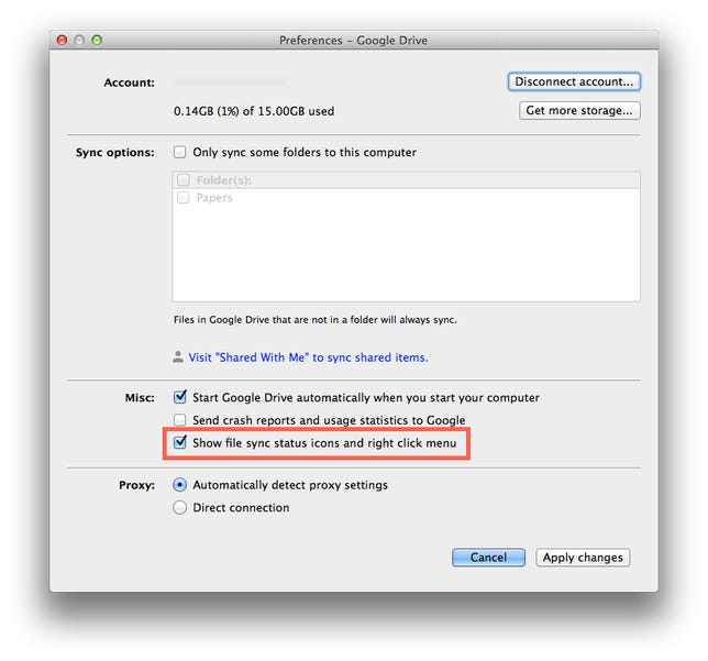 Google Drive sync icon settings in the Finder