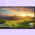 Furrion 50-inch TV against light purple background