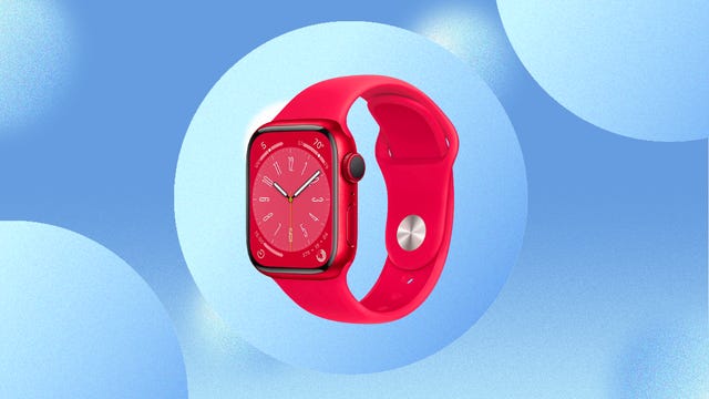 Apple Watch Series 7 in red showing the watch face