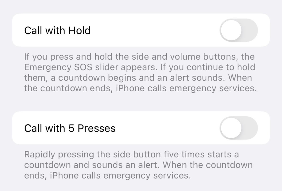 Emergency SOS settings on iOS