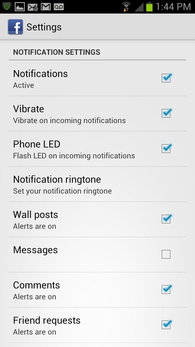 Facebook notification settings on Android