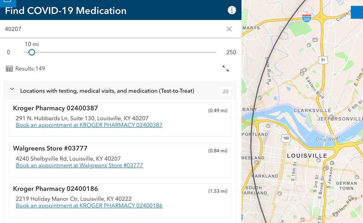 Screenshot of COVID-19 Test to Treat locator tool