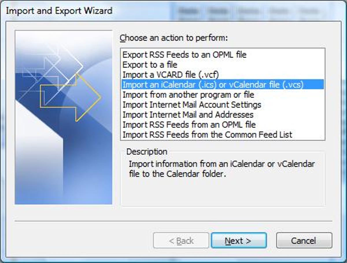 Outlook 2007's iCalendar-import dialog box