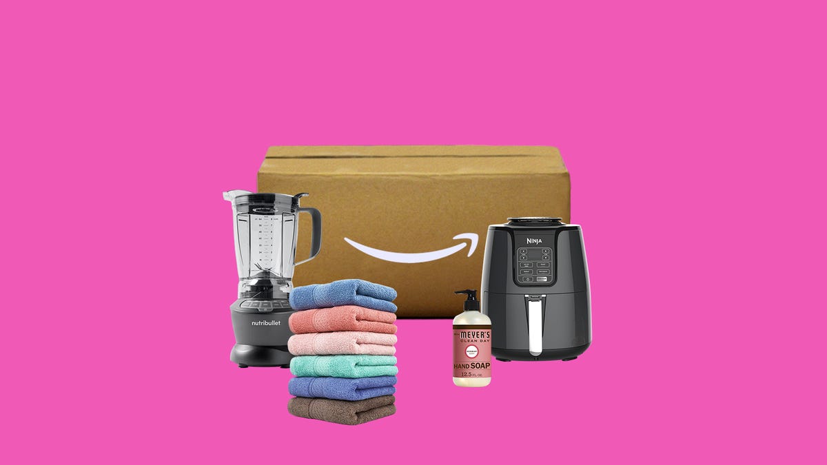 mixed home and kitchen items with amazon box