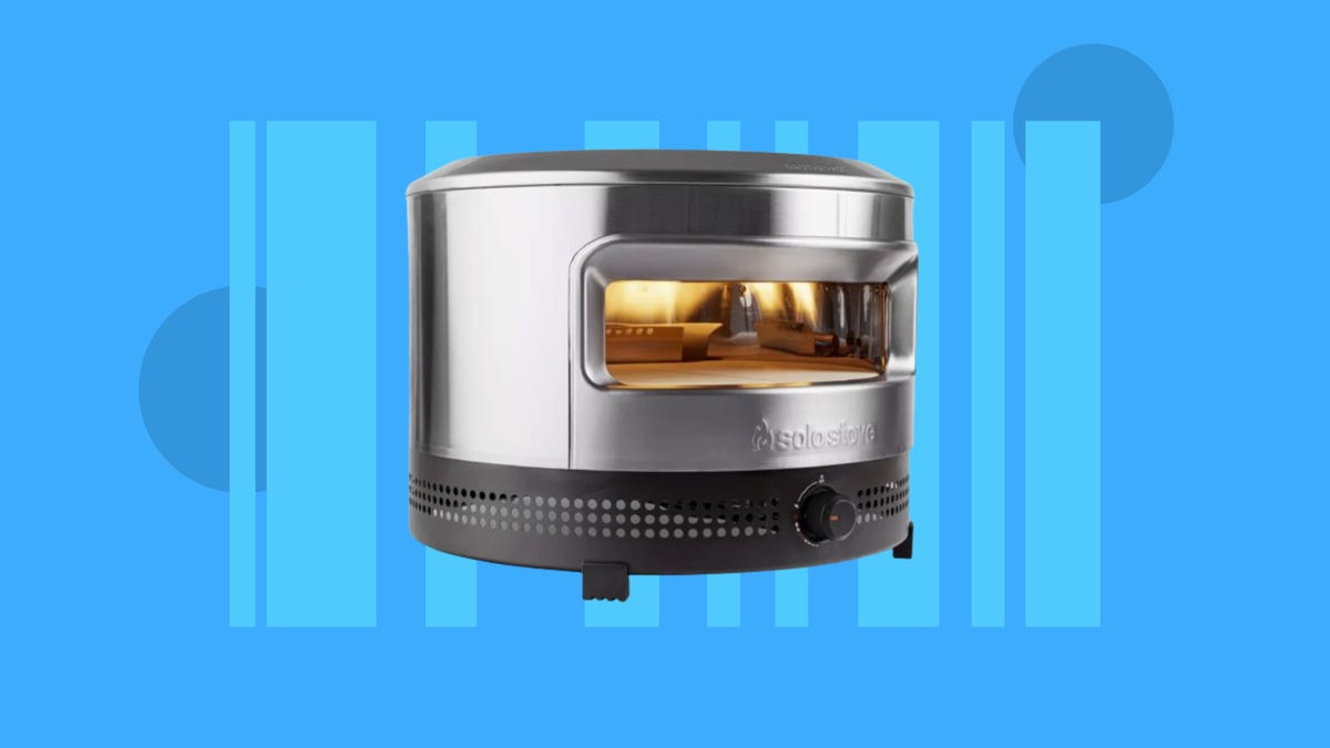 The Solo Stove Pi Prime pizza oven is displayed against a blue background.
