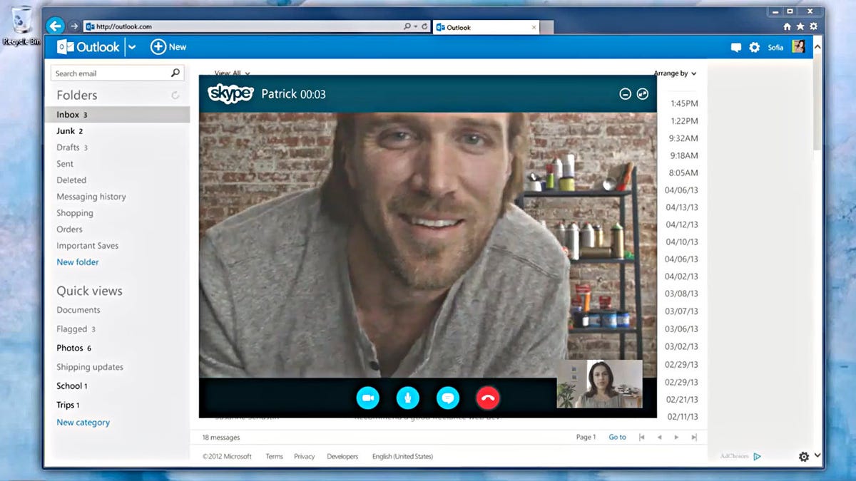 Skype viewed via Outlook.com