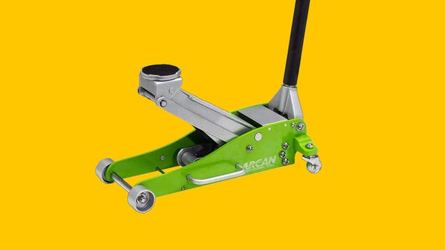 Arcan 3-ton Hybrid Aluminum and-Steel low-profile floor jack shown on a yellow background