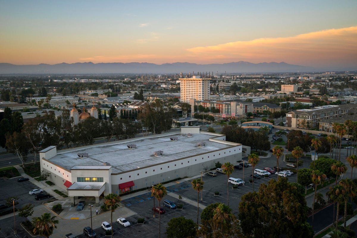 Aerial view of Torrance, California at sunset.
