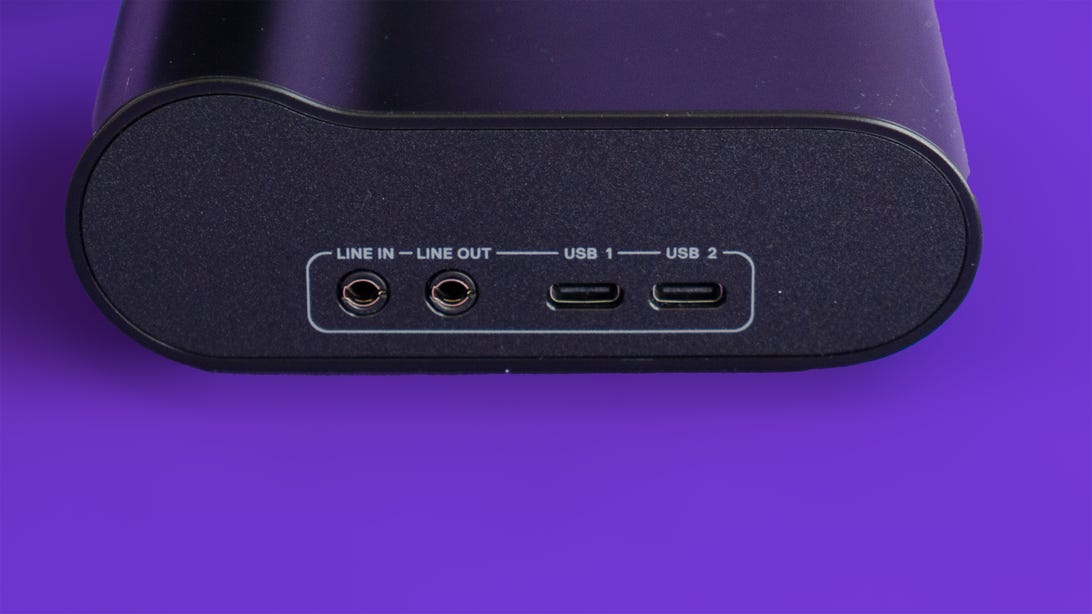 Line in, line out and dual USB-C connectors on the back of the wireless receiver of the SteelSeries Arctis Nova Pro wireless gaming headset