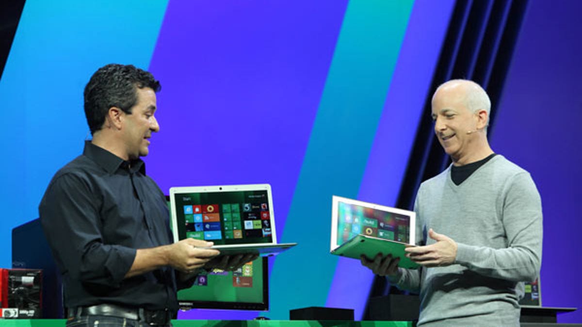 Michael Angiulo (left), corporate vice president of Windows planning, hardware, and PC ecosystem, and Steven Sinofsky, president of Windows, boasted that Windows 8 works on computing devices using either Intel or ARM chips. They spoke at Microsoft's Build conference this week.