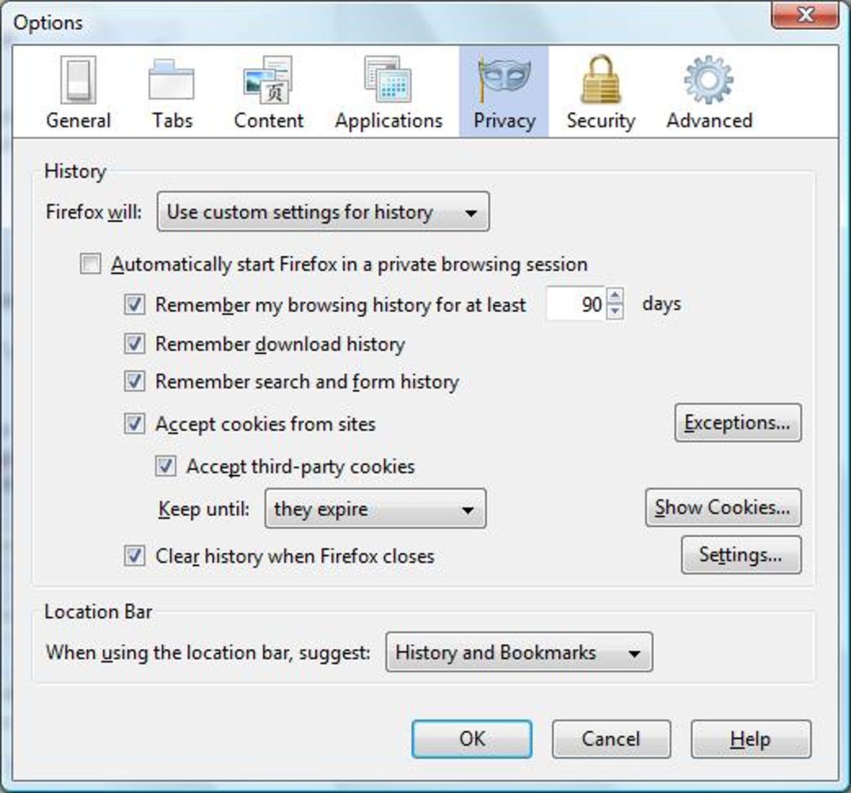 Firefox 3.6 Privacy settings