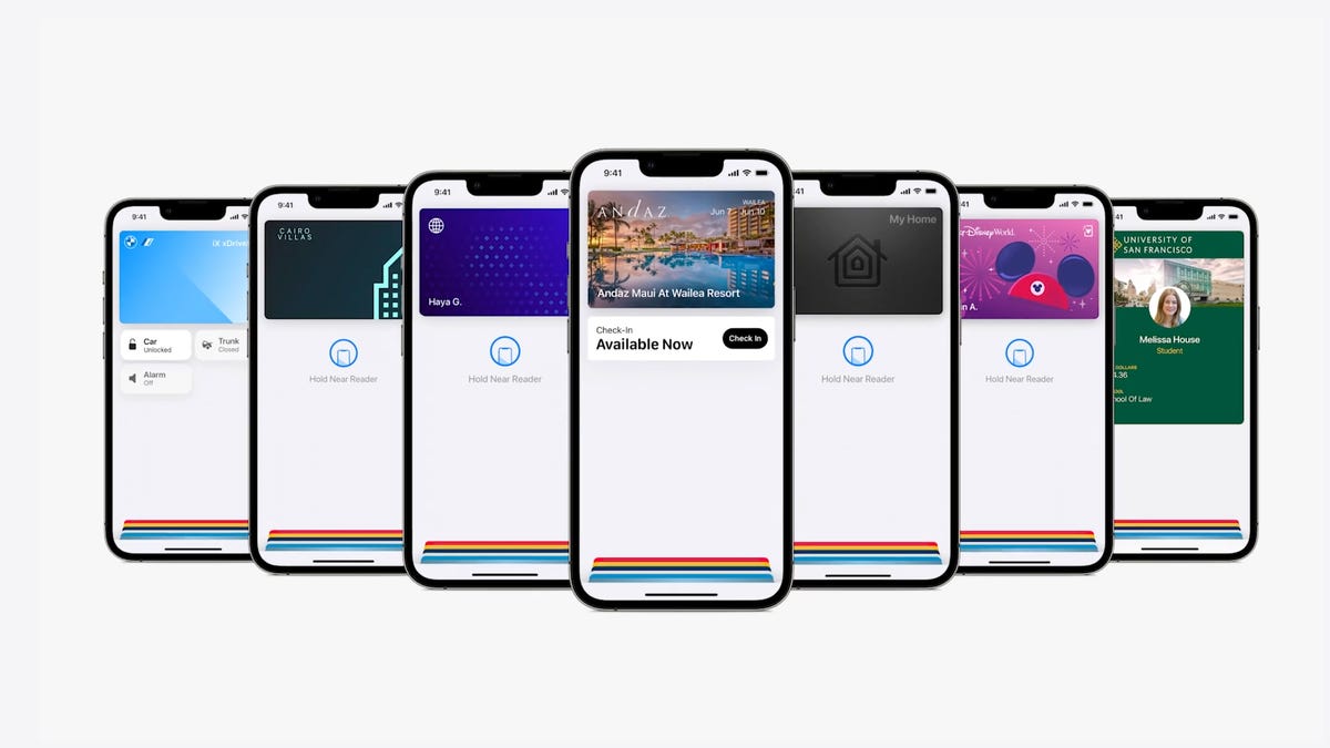 Seven iPhones showing cards and digital IDs