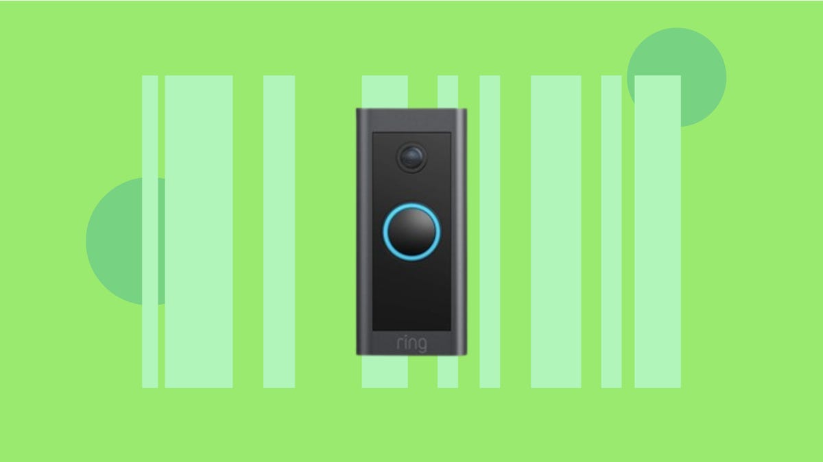 The Ring Video Doorbell (Wired) is displayed against a green background.