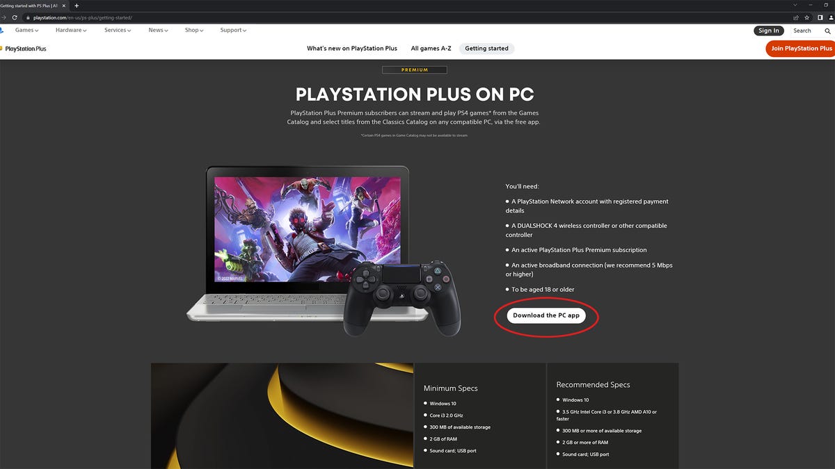 Playstation Plus web page listing the requirements for running it on a PC and a link to the app download