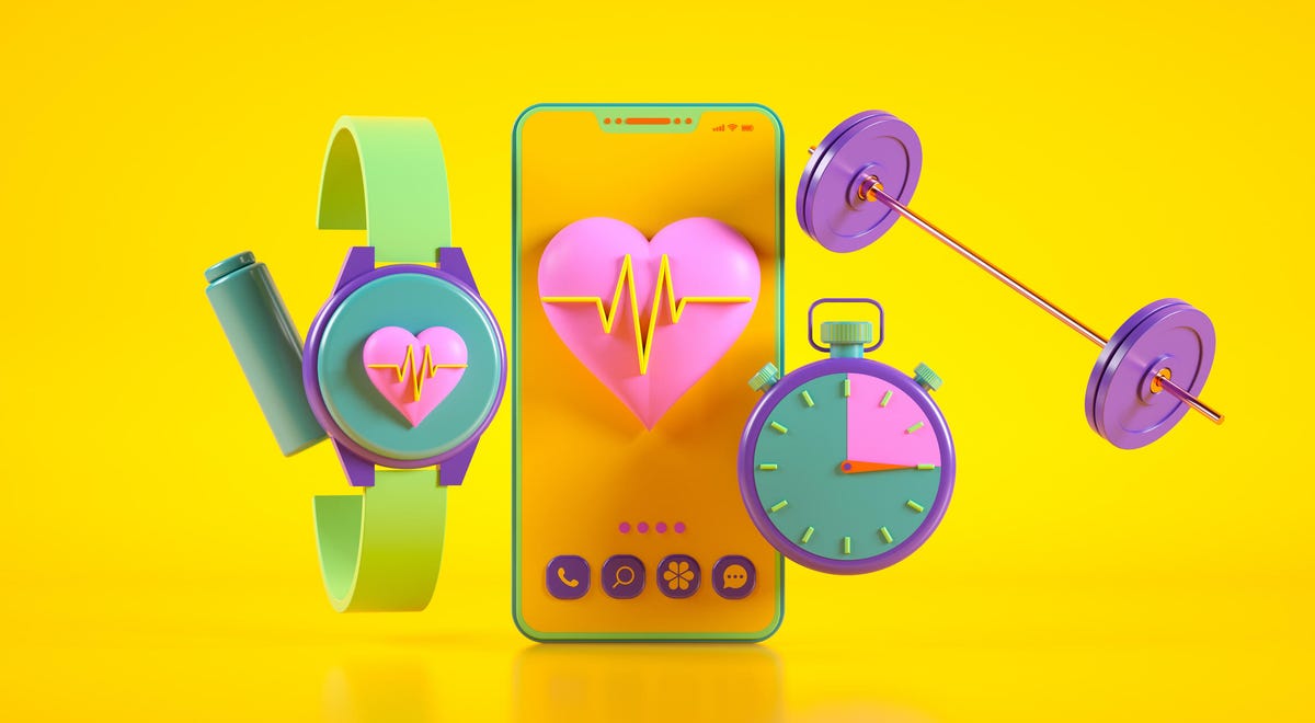 An illustration of a phone, weights, smartwatch and timer against a bright yellow background