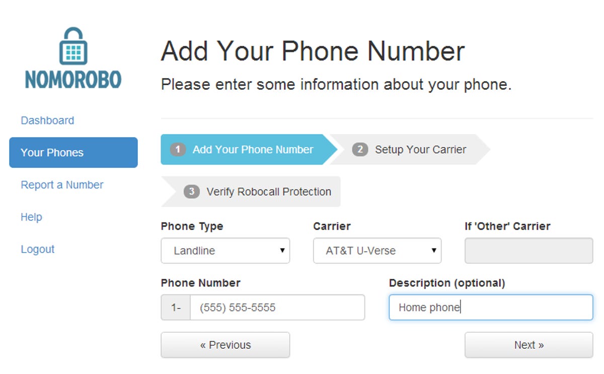 Nomorobo add-your-phone-number screen