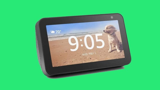 A black Echo Show 5 smart display against a bright green background.