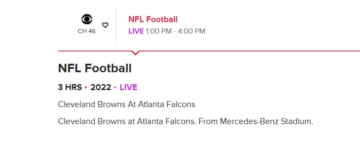 A program guide listing for the Browns vs. Falcons game on CBS.