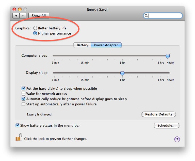 GPU selection in the Energy Saver system preferences