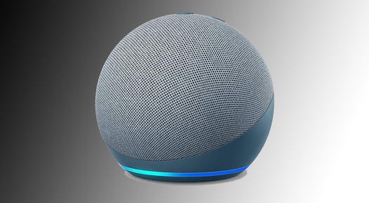 A gray Echo Dot 4th gen is displayed against a gradient black, gray and white background.