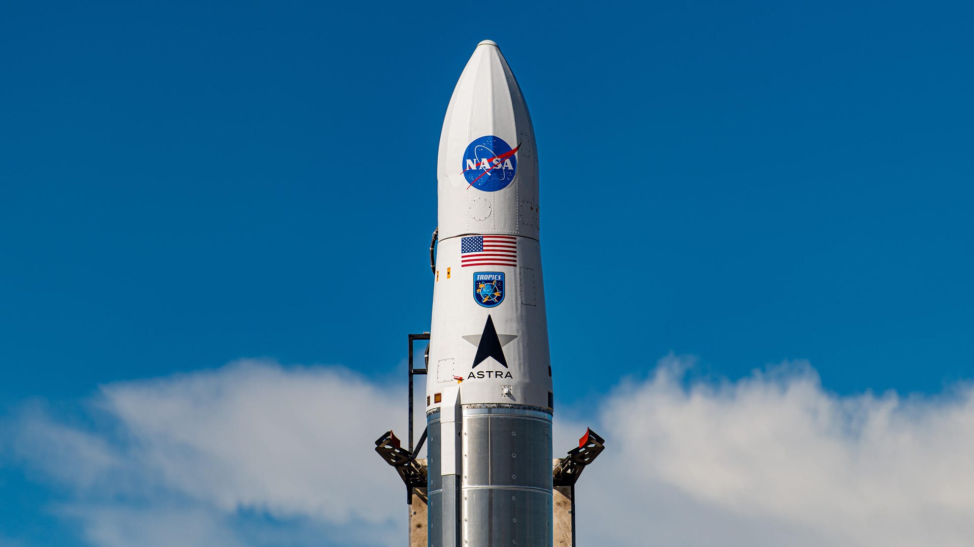 Astra's rocket stands against the sky prior to the Tropics-1 launch.