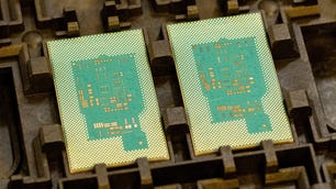 A tray holds a pair of Intel test chips mounted into a processor package using a glass substrate. One part of the substrate's job is to route data and electricity from the hundreds of yellow contacts shown here to many more on the underside of the silicon processor itself.