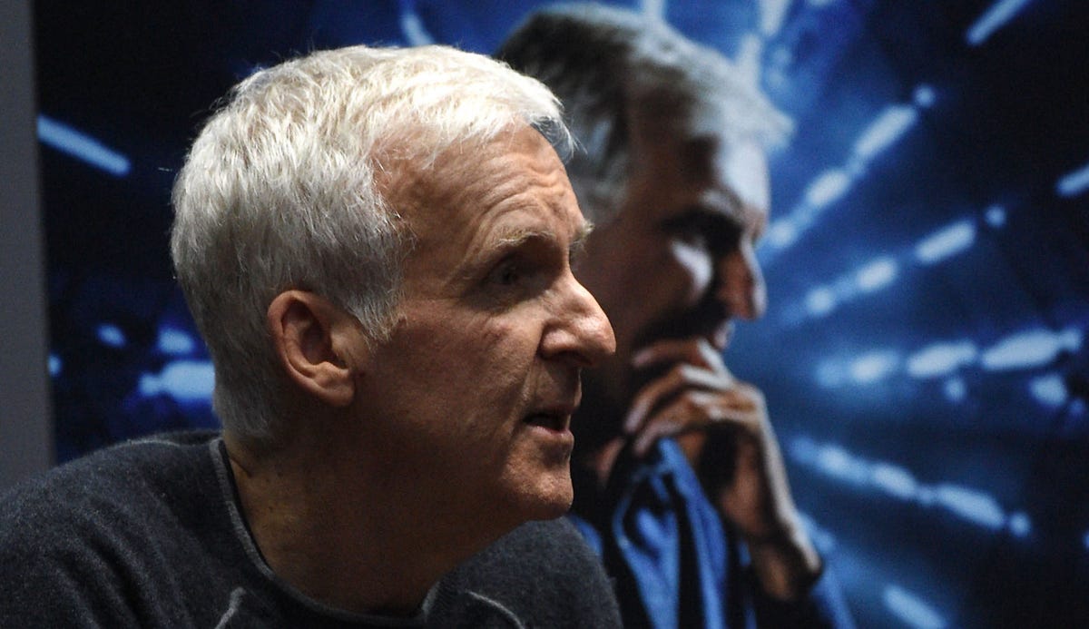 Director James Cameron in profile in front of a picture of himself.