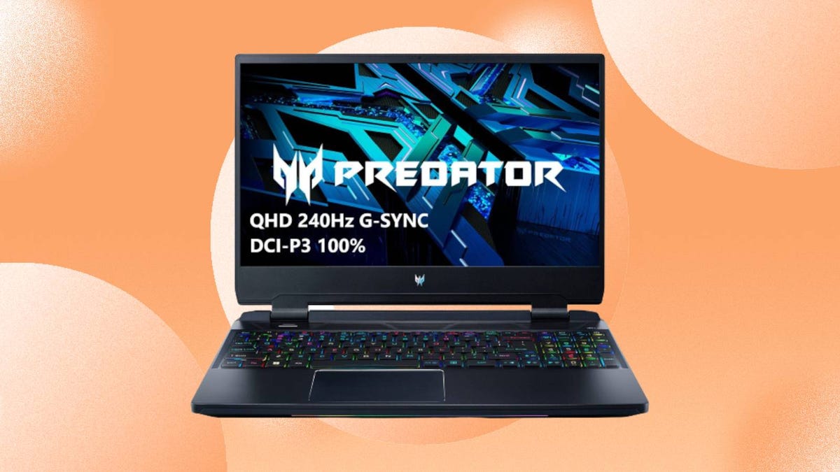 The Acer Predator Helios 300 gaming laptop is displayed against an orange background.