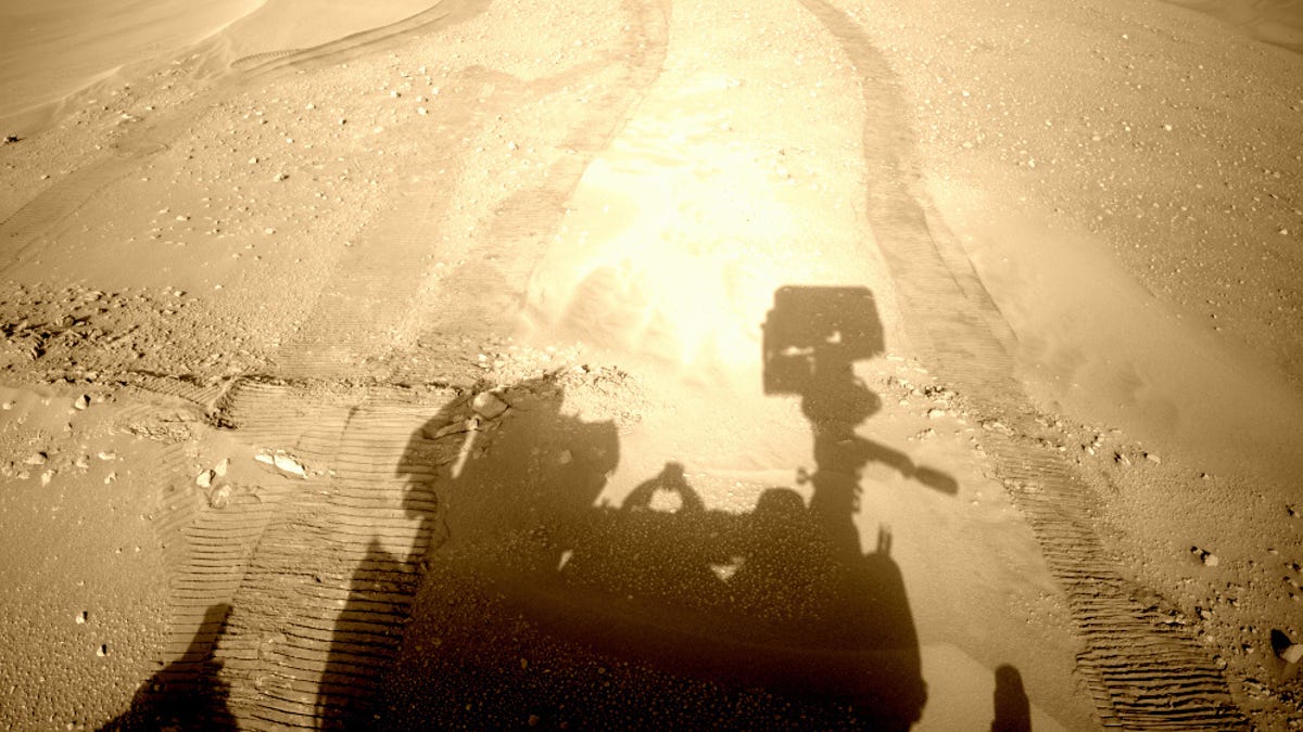 The surface of Mars with rover wheel tracks and the rover's craggy shadow.