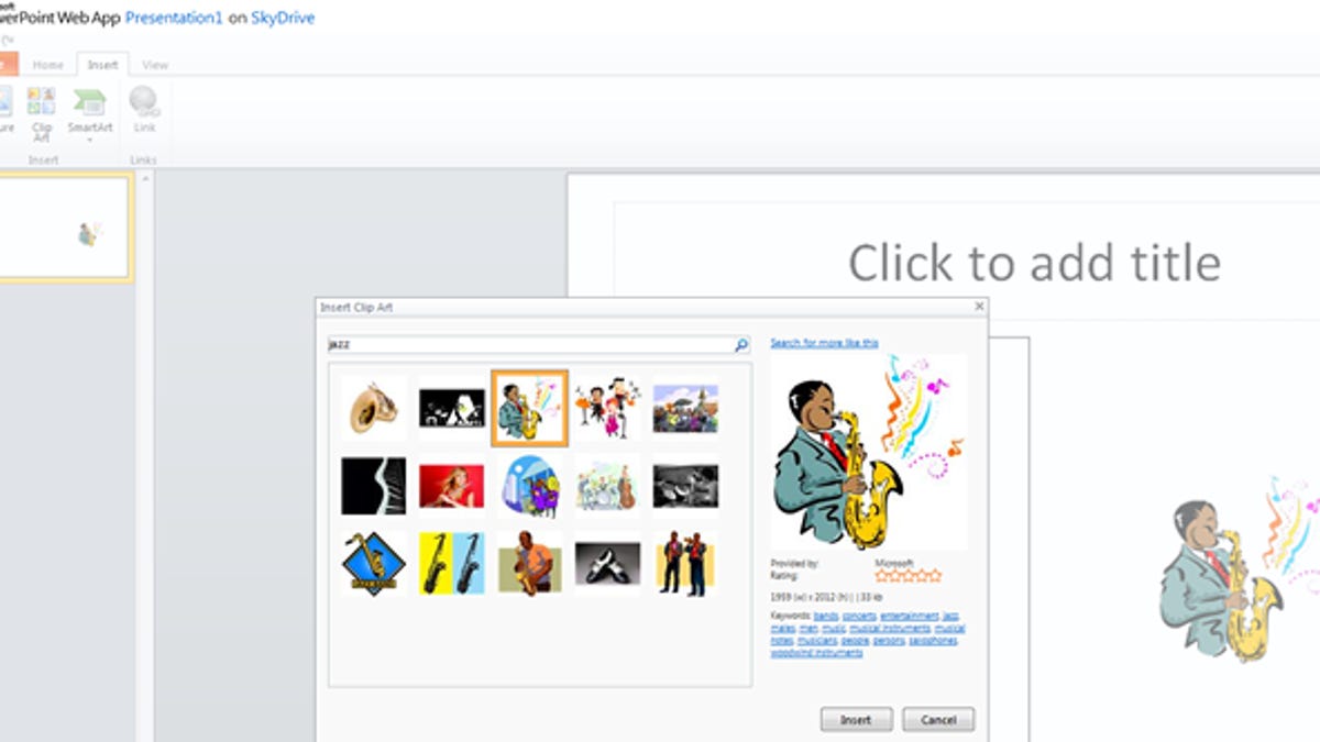 The PowerPoint Web App now lets you tap into Microsoft&apos;s online library of clip art.
